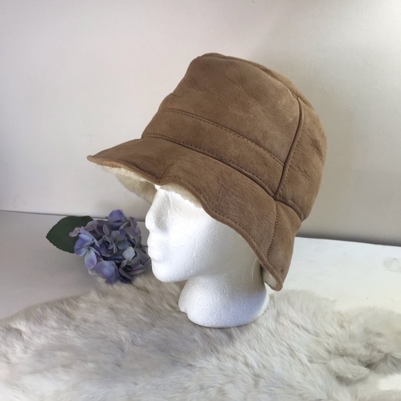 Vintage 70s Shearling Suede Bucket Hat Real Fur Beige Tan Unisex Men Women - Picture 6 of 13